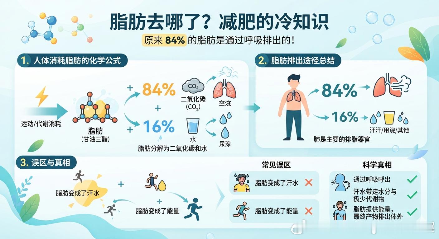说一个减肥的冷知识 被你减掉的脂肪，约84%都是通过呼吸排出体外的。很多人以为减