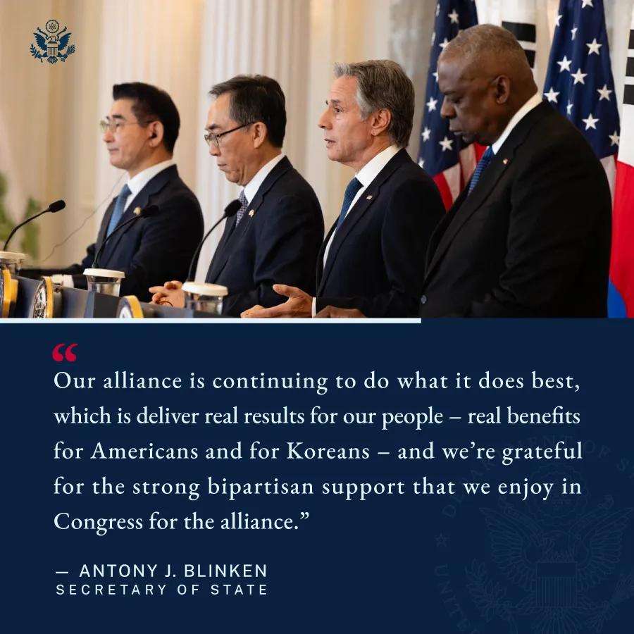 布林肯国务卿： 我们今天强调的一件事是重申美国对韩国安全的坚定承诺……鉴于朝鲜不