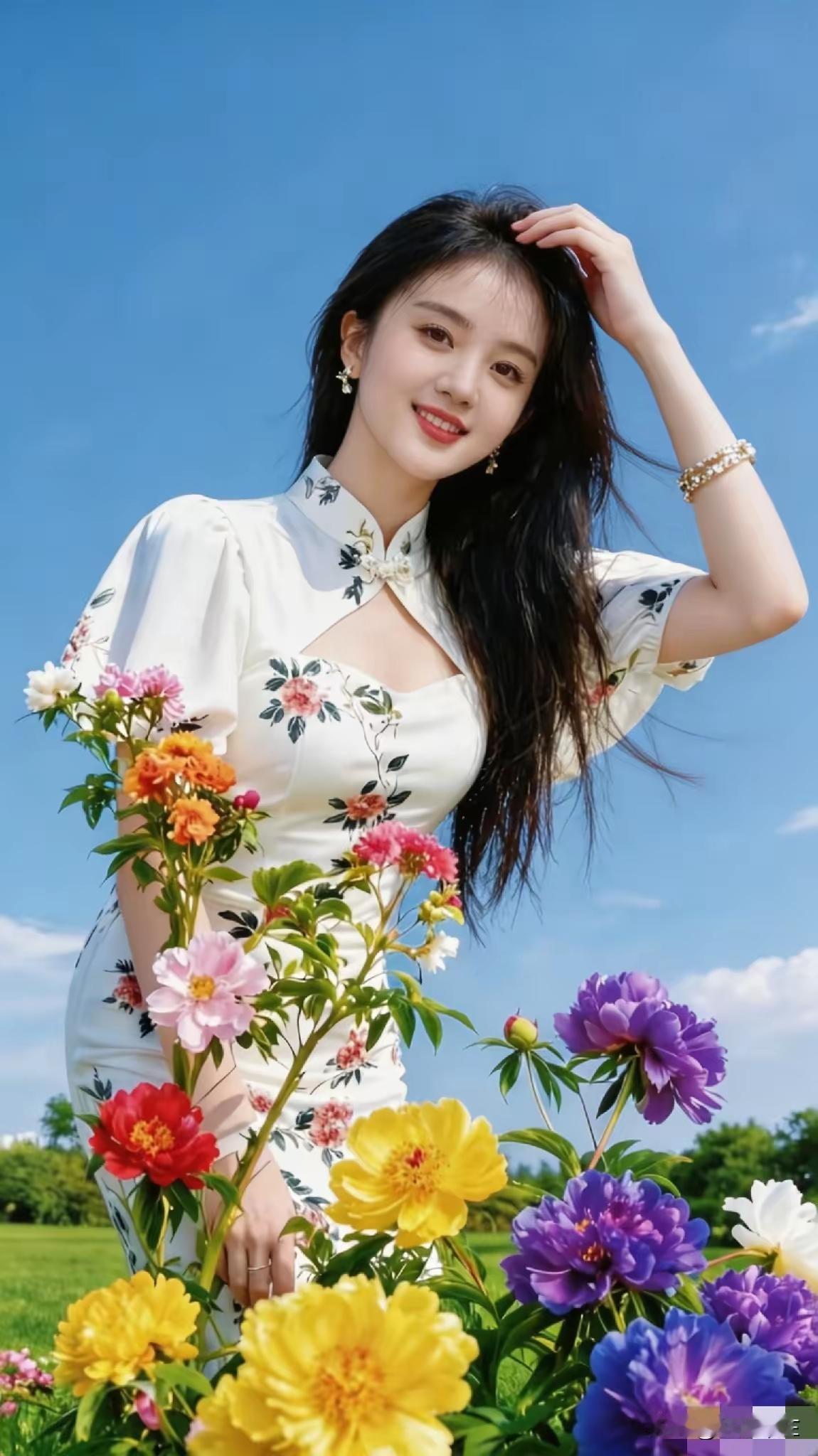 一个女孩在花丛中微笑，好漂亮！