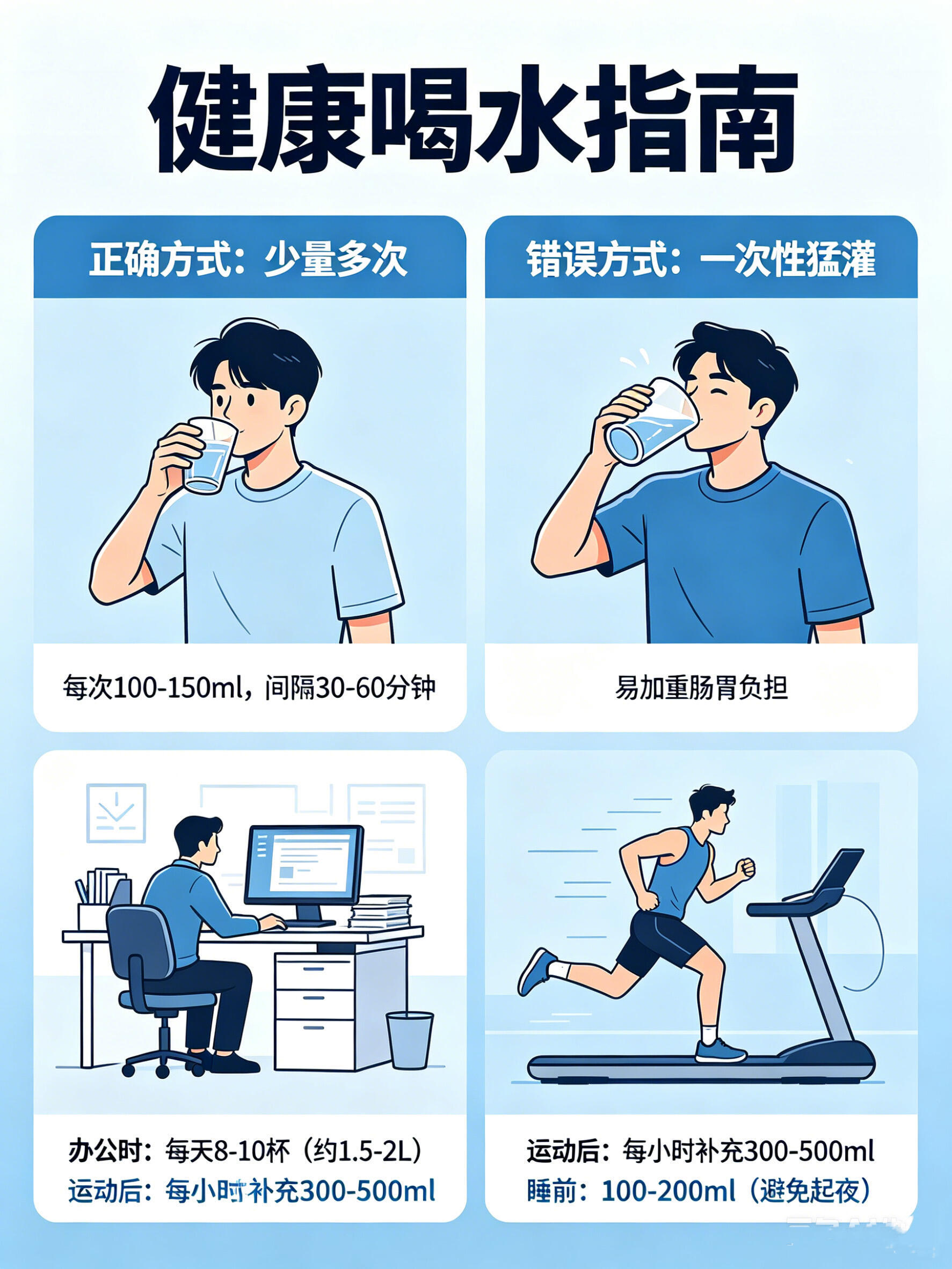 一天8杯水你可能全喝错了别死板照搬一天8杯水，饮水量要因人而异。久坐办公室日常1