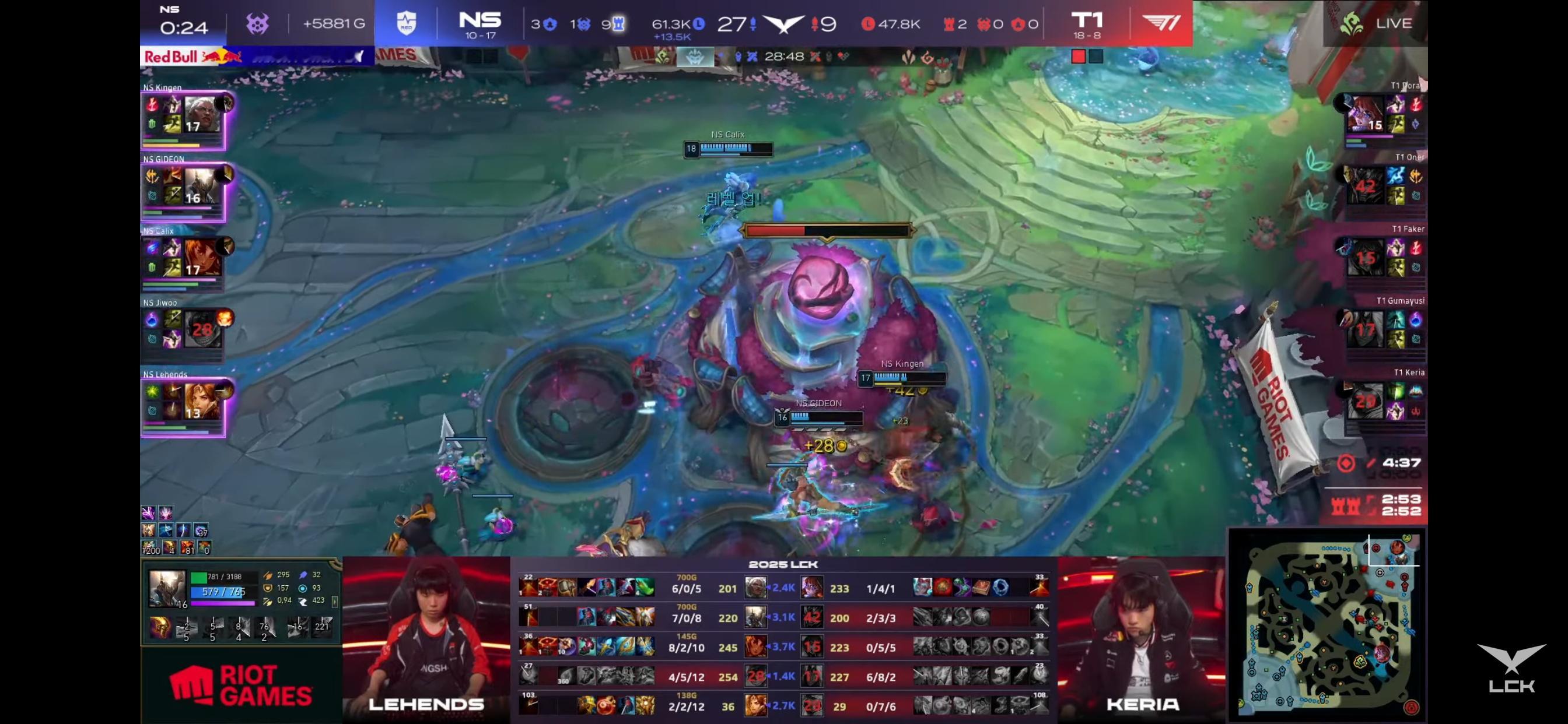 NS以27-9的比分拿下T1将比赛拖入第三局！ns对战t12025lck英雄联盟
