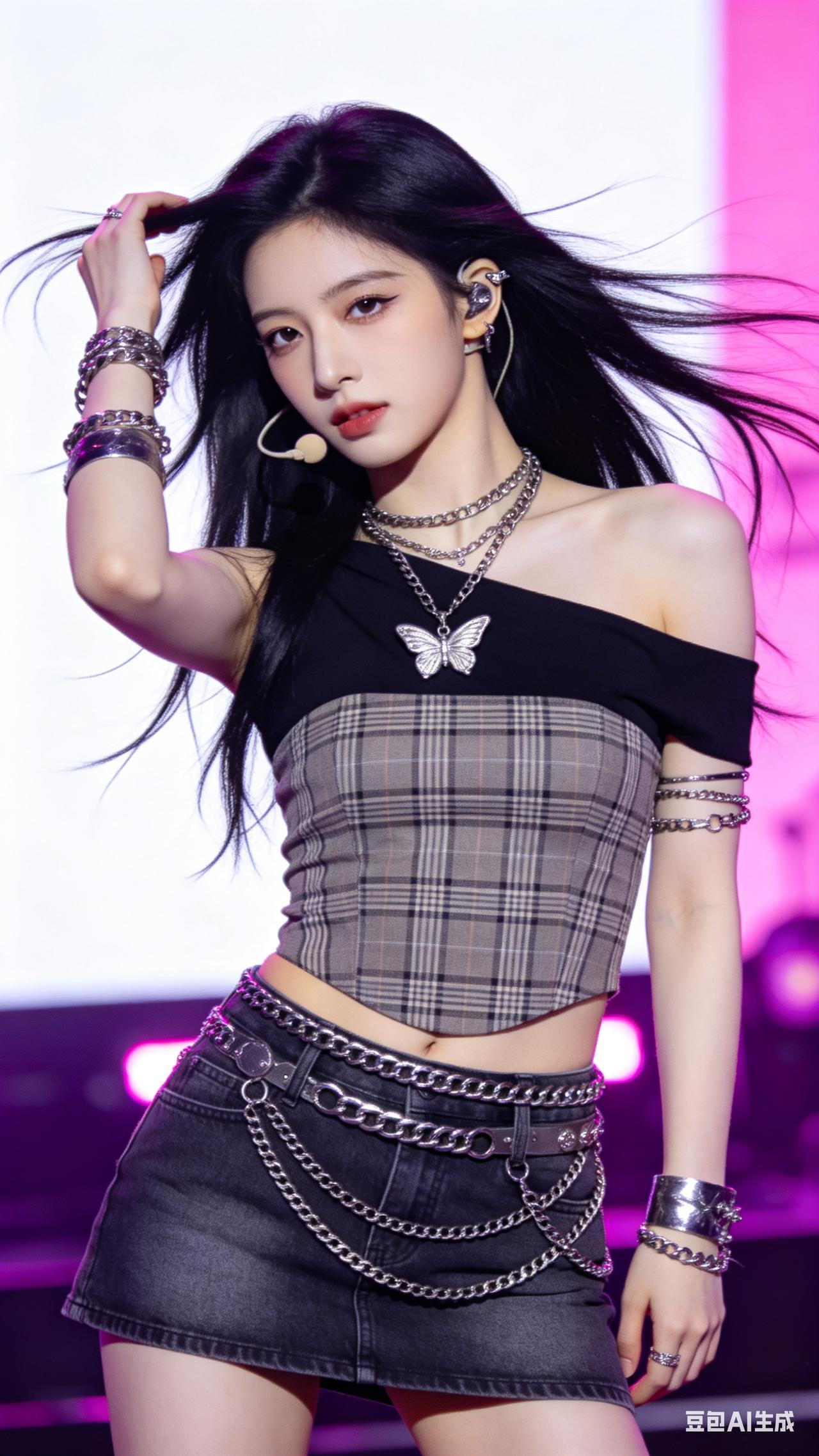 酷飒少女肤白淡妆，黑长发配耳，Kpop风穿搭，粉紫舞台动感十足，明亮光线氛围感拉