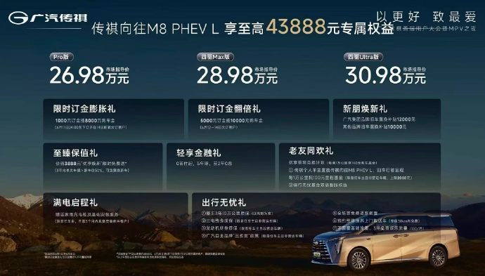 传祺向往M8 PHEV L上市，售价26.98万-30.98万元。新车车长增至5