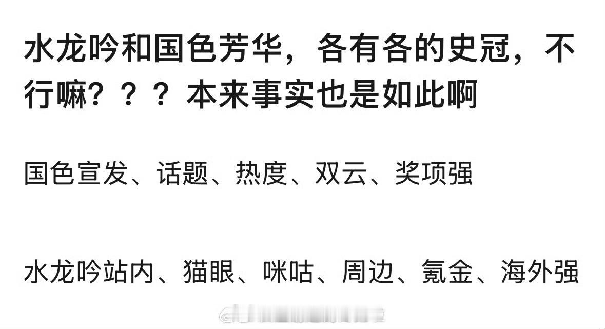 水龙吟和国色芳华，各有各的史冠《水龙吟》：站内、猫眼、咪咕、周边、氪金、海外强《