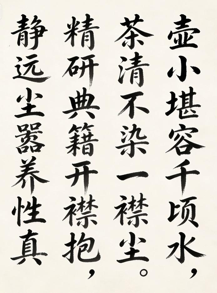壶小堪容千顷水，
茶清不染一襟尘。
精研典籍开襟抱，
静远尘嚣养性真。