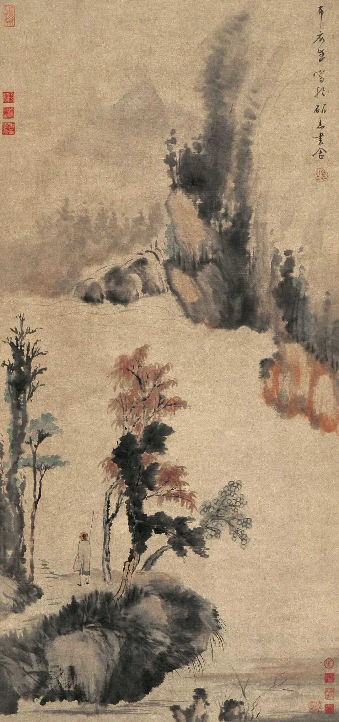 清 华嵒《秋林观瀑》，纸本设色 128.7×60.3 cm，款识：布衣生写于研香