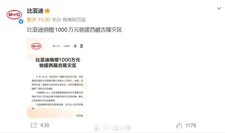 比亚迪这次他们捐赠1000万元驰援西藏吉隆灾区，用于救援、安置和重建。说实话，了
