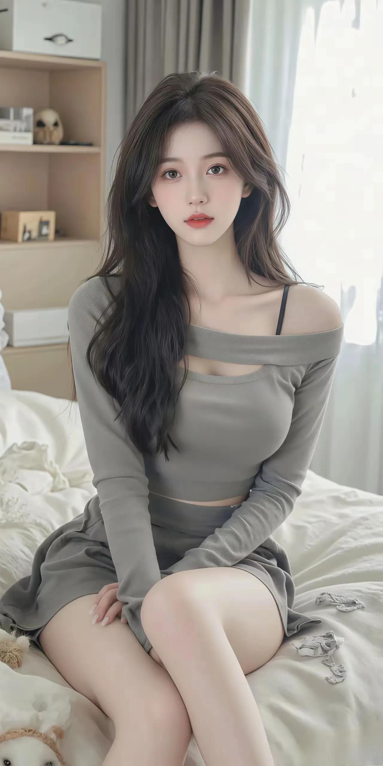 温柔的长发少女，坐在舒适的床上，散发着温暖的光芒。[啤酒]