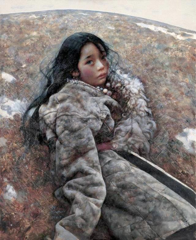 艾轩的人物油画风格特点是借景抒怀，他画西藏高原景色和孤独的人物，主要是抒发自己内