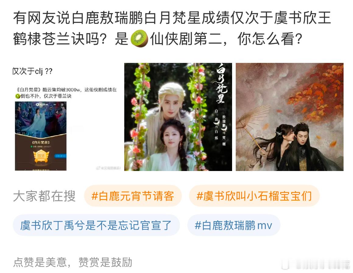 有人说白鹿敖瑞鹏白月梵星成绩仅次于虞书欣王鹤棣苍兰诀排第二，两家粉丝交流起来了.