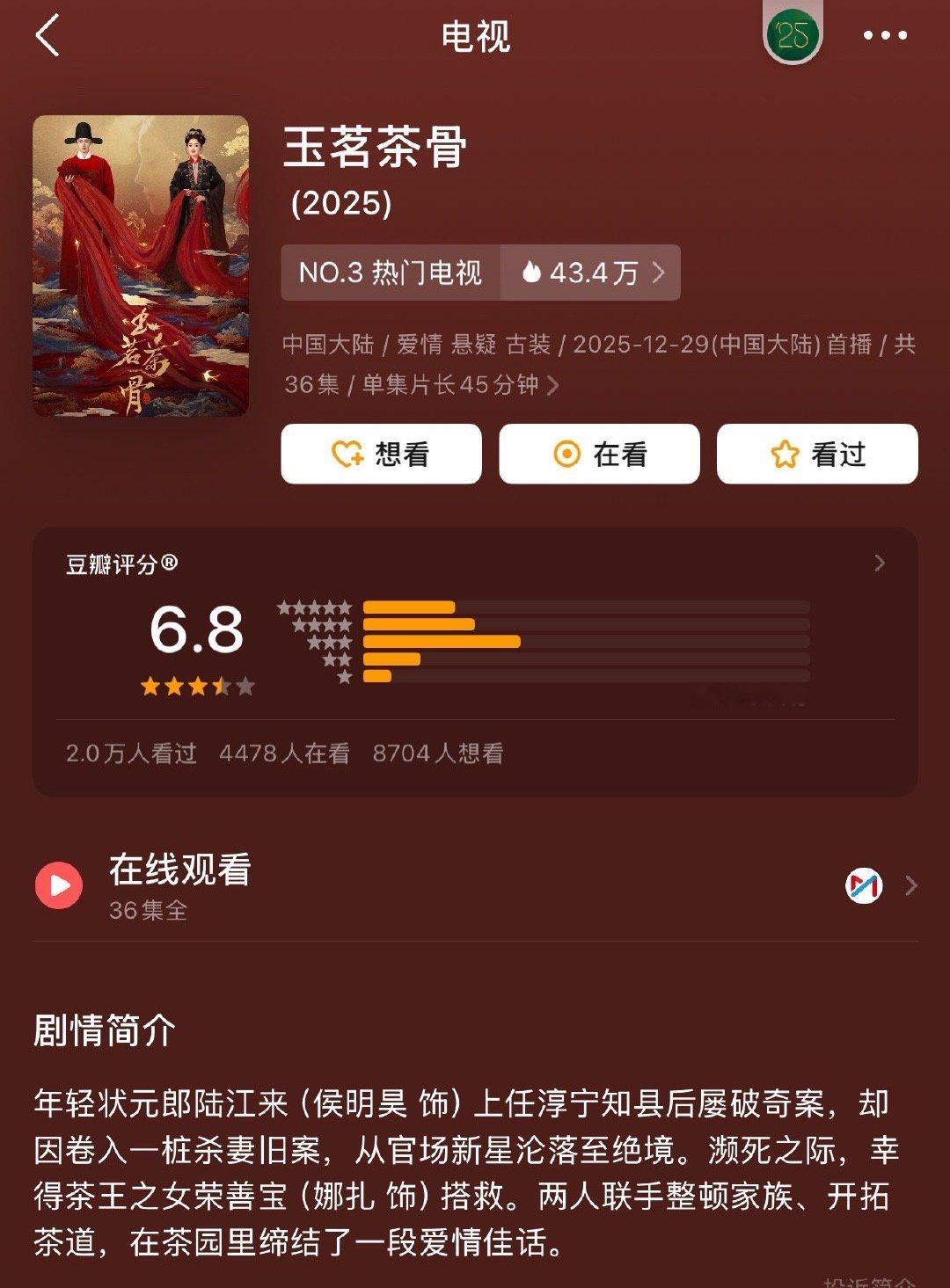 玉茗茶骨开分侯明昊娜扎新剧豆瓣开分6.8玉茗茶骨开分，侯明昊娜扎新剧豆瓣开分6.