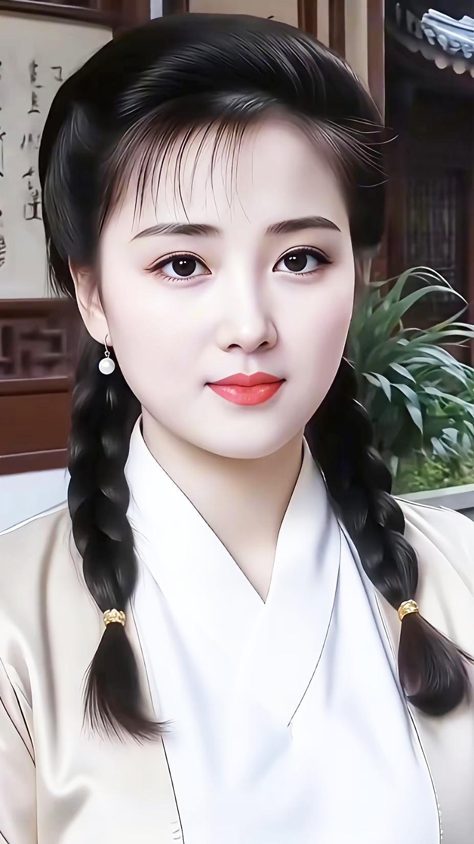 古典美人，黑发双辫，红唇微启，古风韵味十足。