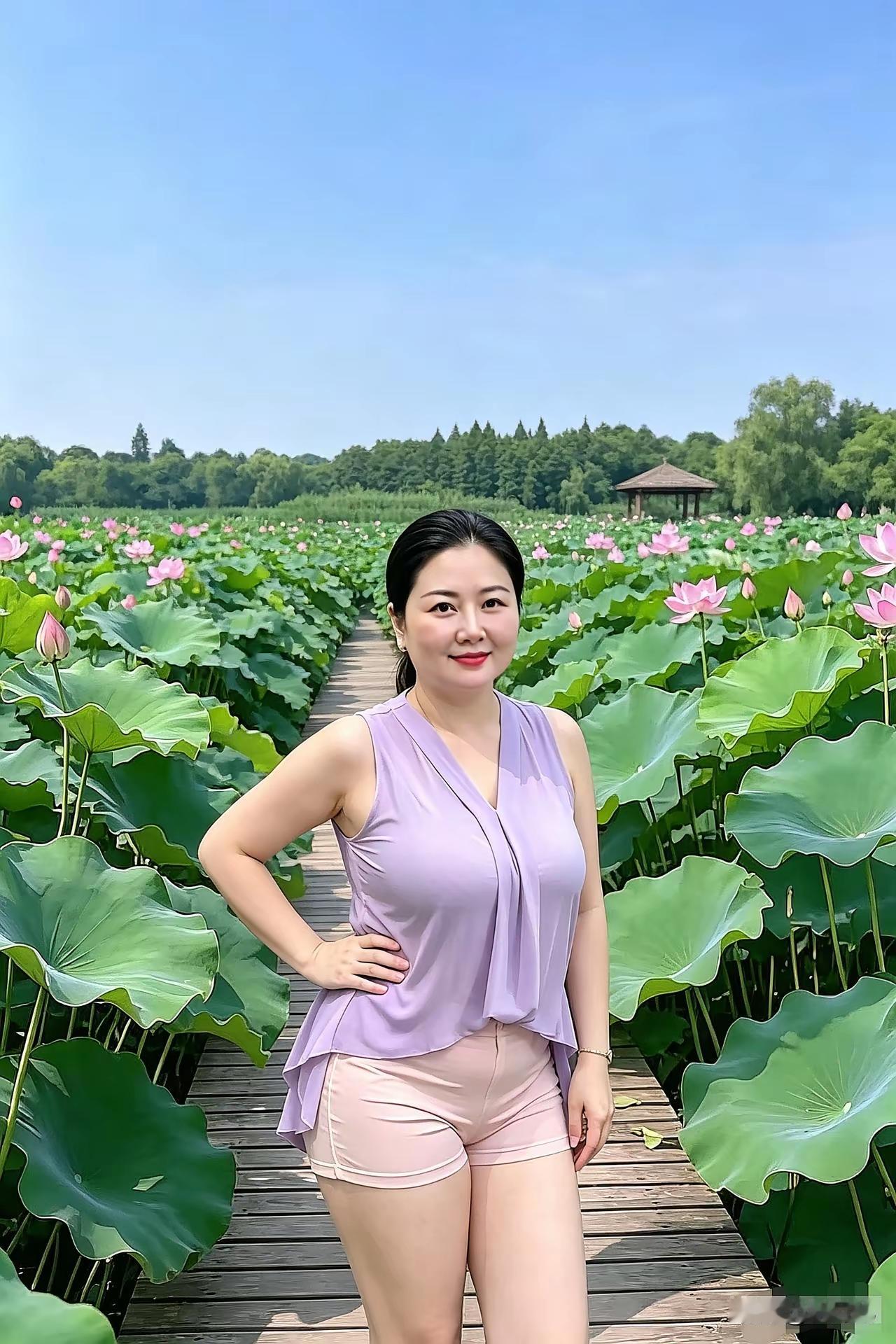 荷花池边的美女