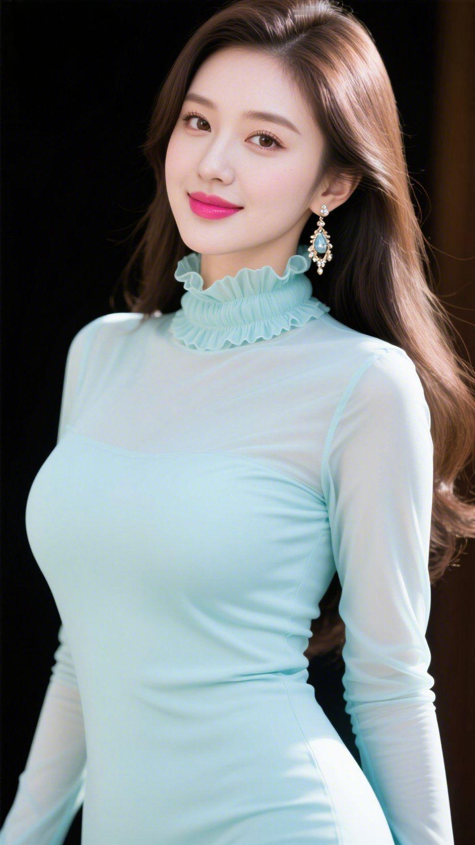 《浅蓝纱裙的柔韵》
 
浅蓝薄纱轻覆肩颈，褶皱领似沾了晨雾的云边，软得让人心生舒