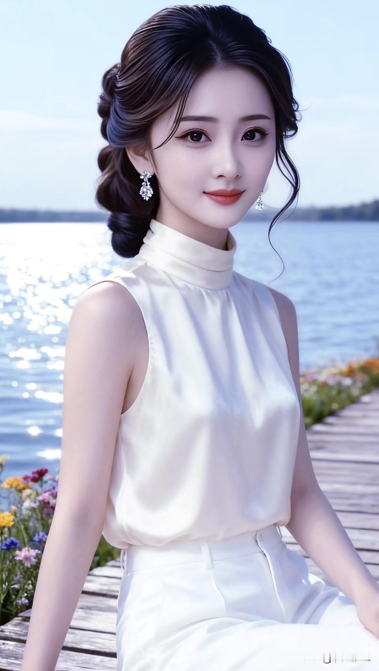 优雅的湖畔时光，白色连衣裙与自然美景的完美融合。温柔气质小白裙 湖畔绿裙照 湖畔