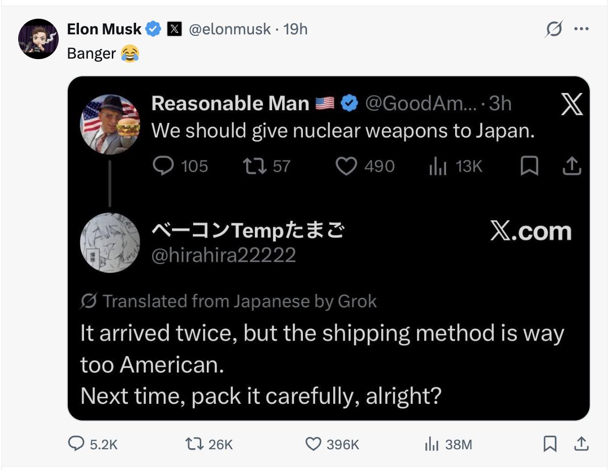 马斯克真的，天天好闲，感觉比我还闲。。。
一个美国人说：我们应该给日本人核武器。