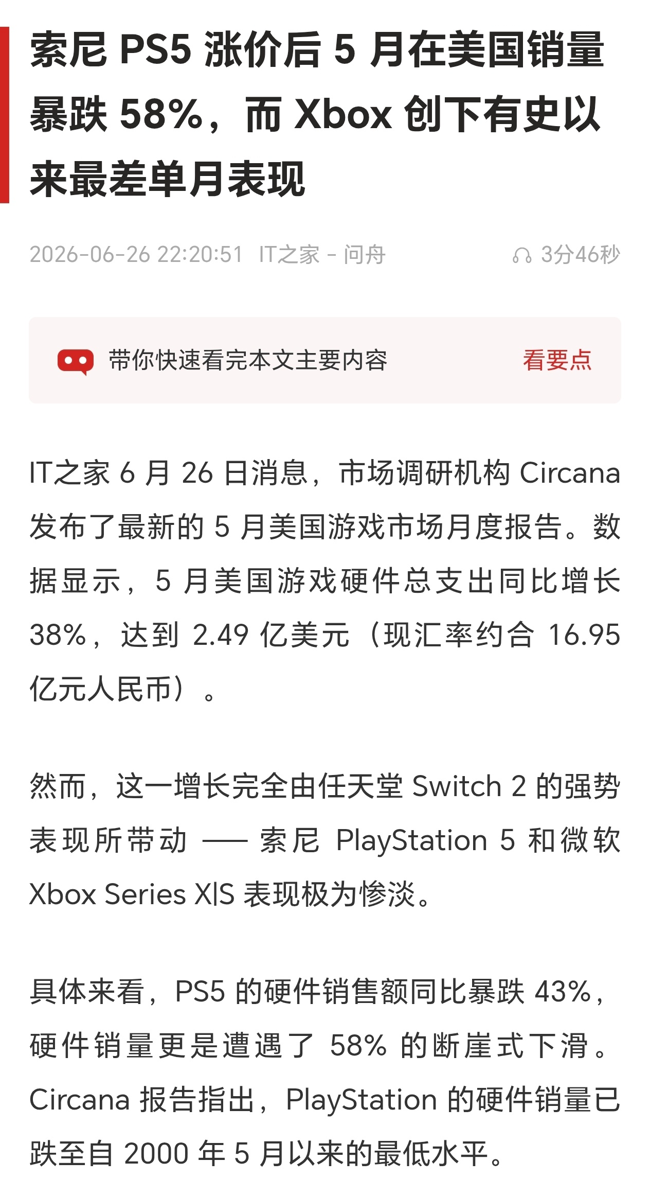 【PS5涨价后美国销量暴跌58%】北京时间6月26日，市场调研机构 Circan