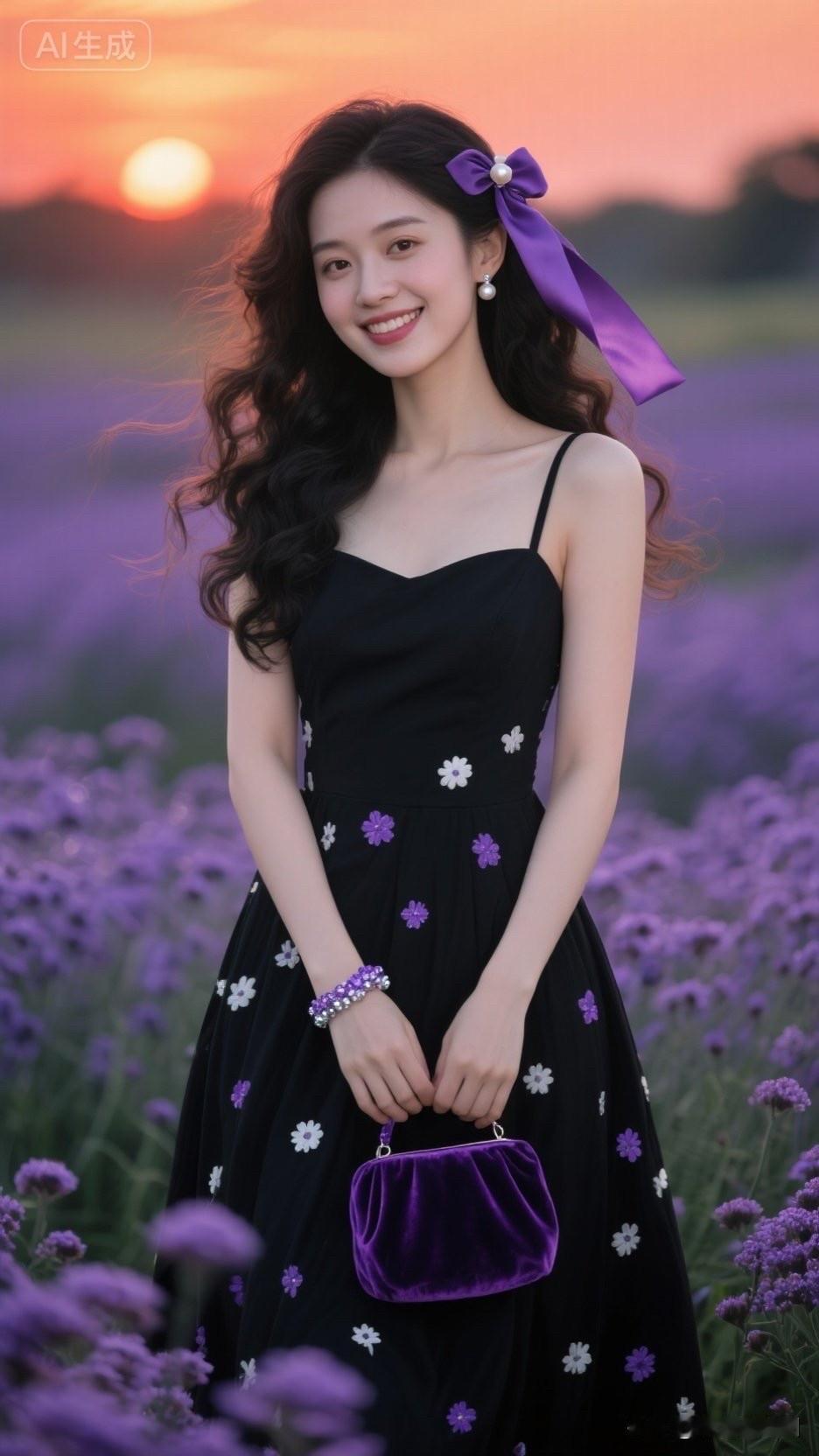 紫色花海中的浪漫少女，夕阳下的梦幻时刻