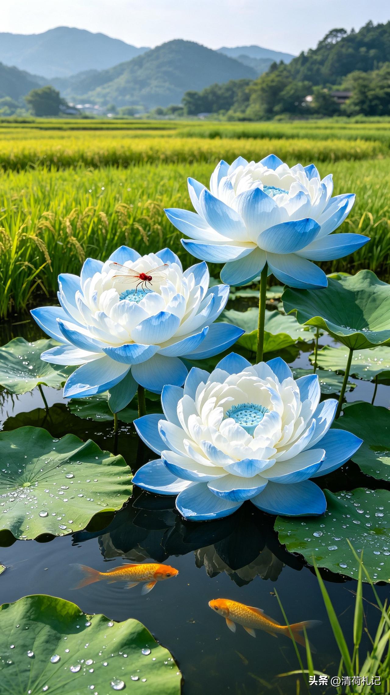 六月清晨，接天莲叶无穷碧，今天也是被荷花治愈的一天，锦鲤在水里游过，荡开一圈圈涟