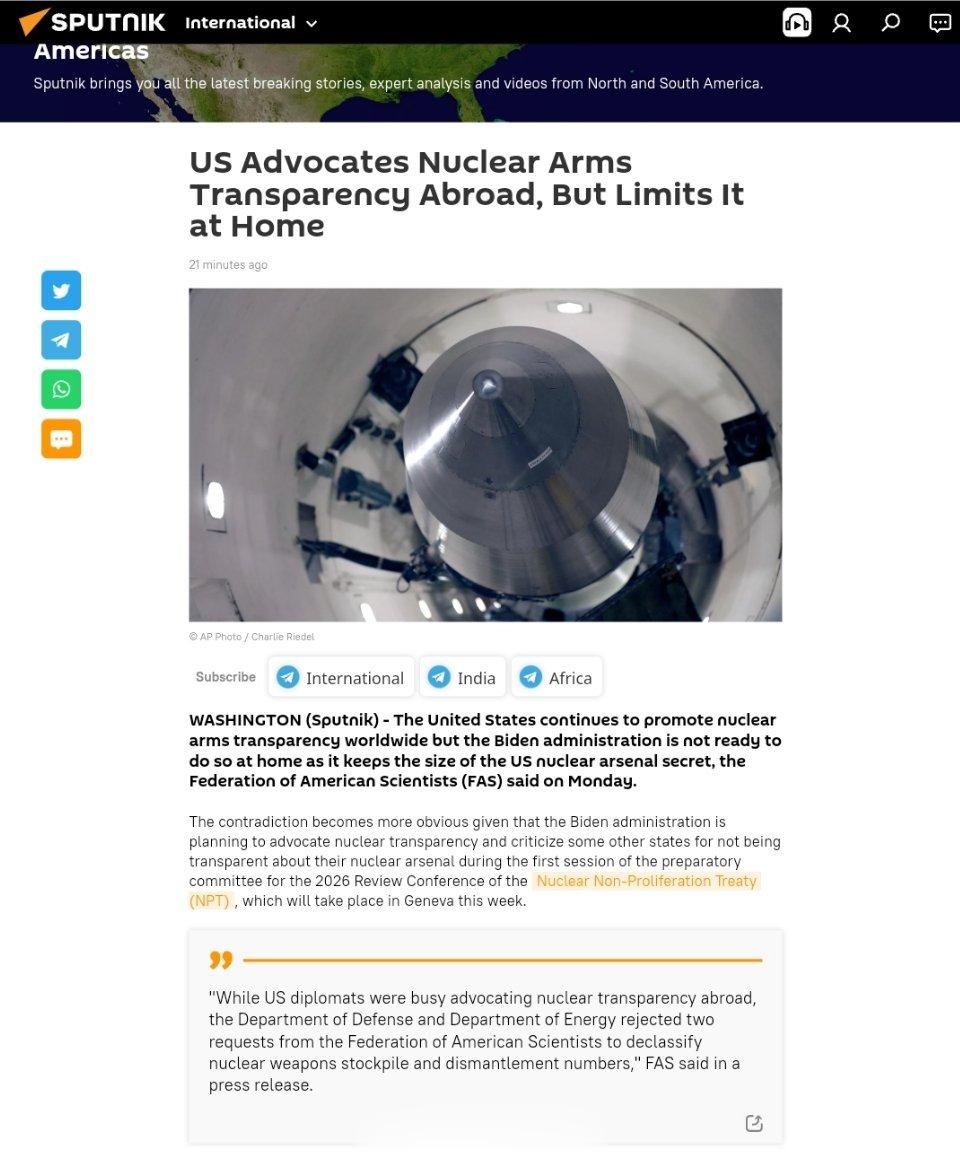 美国在国外倡导核武器透明度，但在国内限制美国科学家联合会(FAS)周一表示，美国