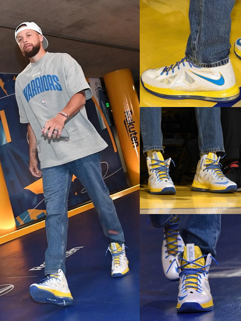 库里穿詹姆斯的鞋库里今天因为伤病管理缺席比赛在比赛中可以看到库里穿着个人专属勇士