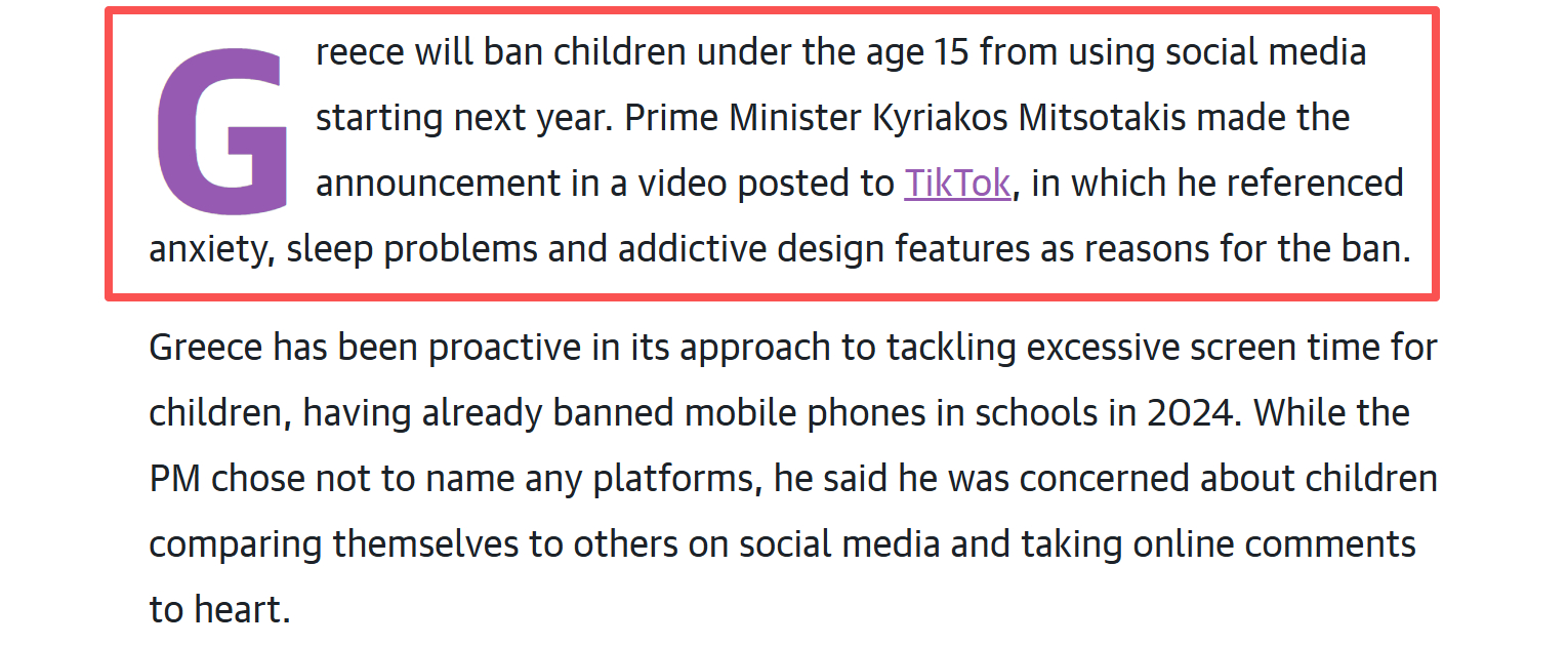从明年开始希腊会禁止 15 岁一下孩子使用社交媒体我觉得国内其实也该推进下现在太