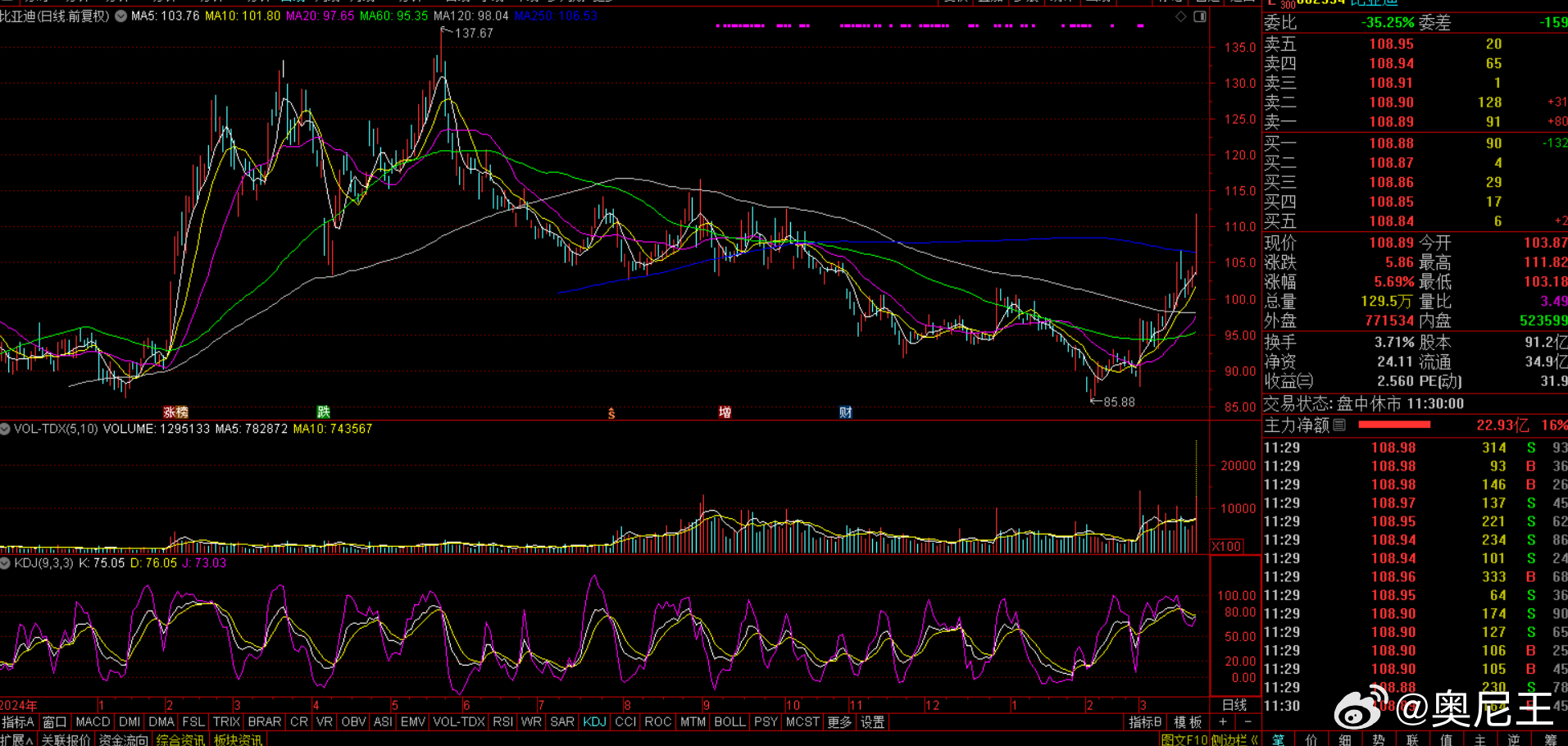 比亚迪A股大涨 放量之后能不能站稳250日均线？月线周线都是处线反弹！ 