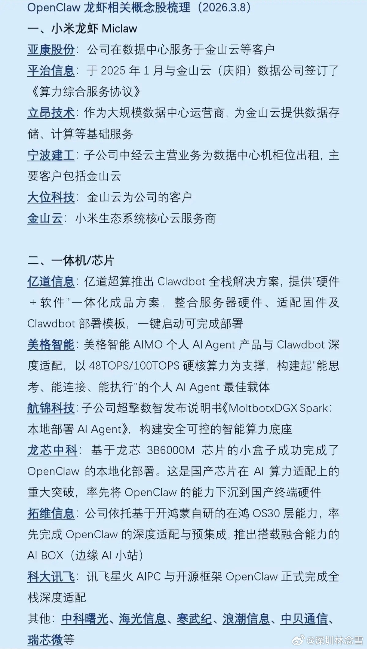 OpenClaw龙虾🦞相关概念股梳理！1.小米龙虾2.一体机/芯片3.云服务/