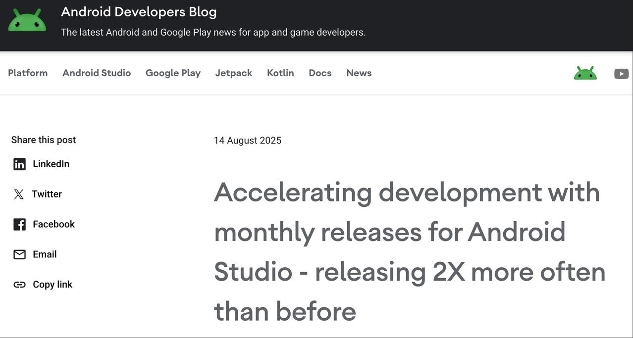 Android Studio 推出“月更”策略：更新频率翻倍，每月上线稳定版
