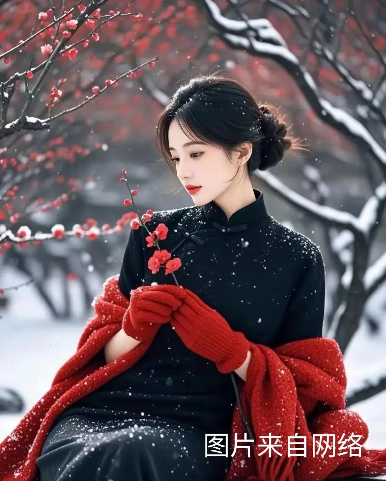 红披香肩雪满裳，
手拈梅花韵自扬。
寒风轻舞添诗意，
柳腰轻舞比花香。