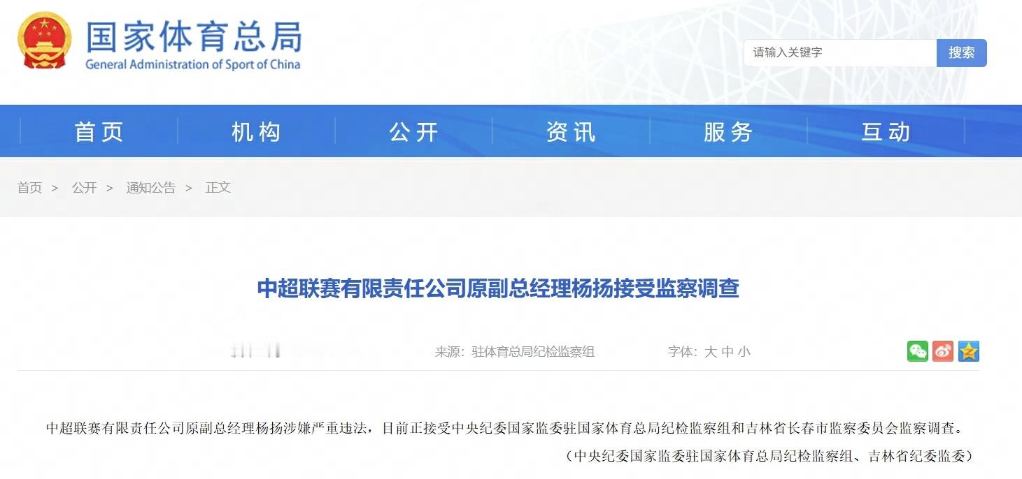 中超公司原副总经理杨扬被查据国家体育总局消息，中超联赛有限责任公司原副总经理杨扬