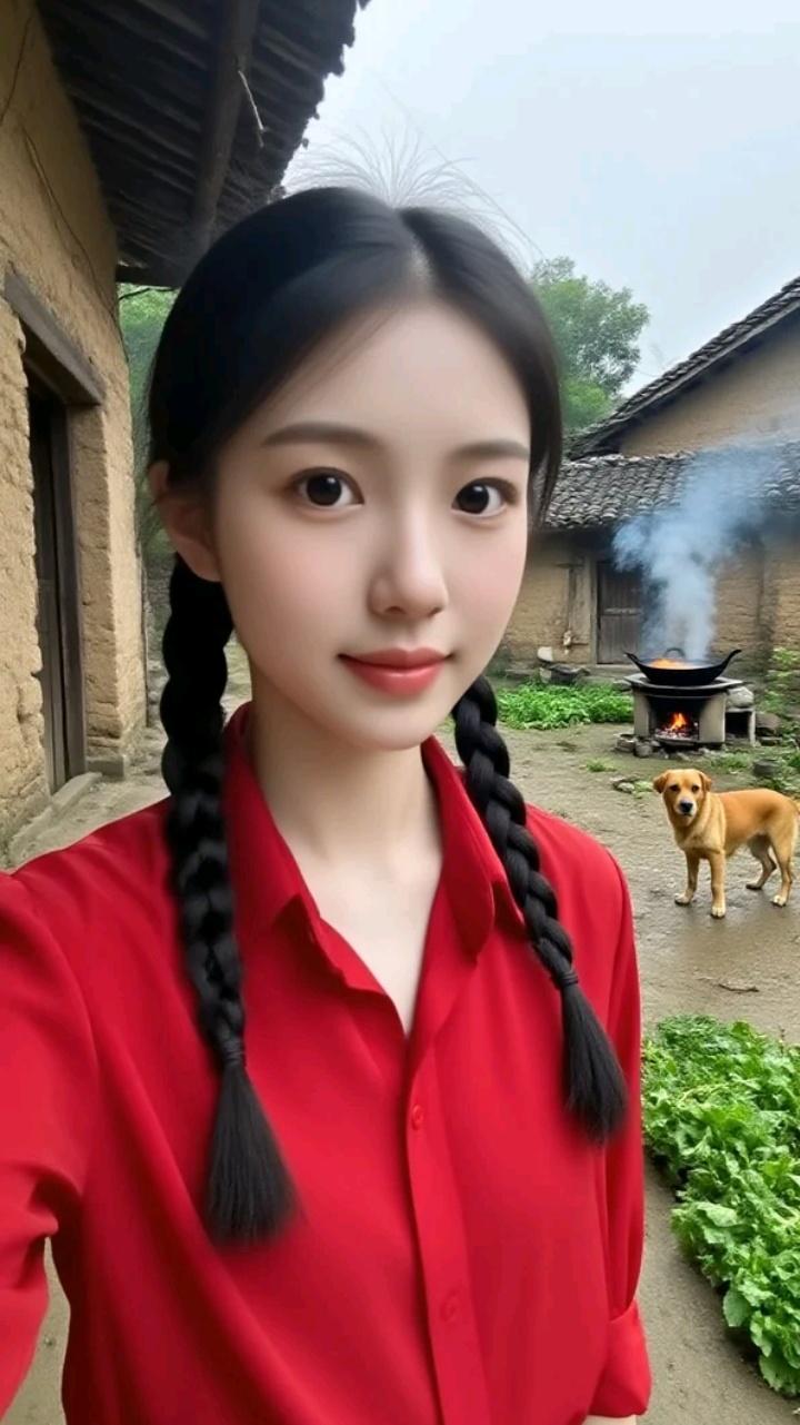 穿着红衣服，站在乡村小院里。怎样的笑容,能令一个女人心动? 田野里的红裙 乡村红