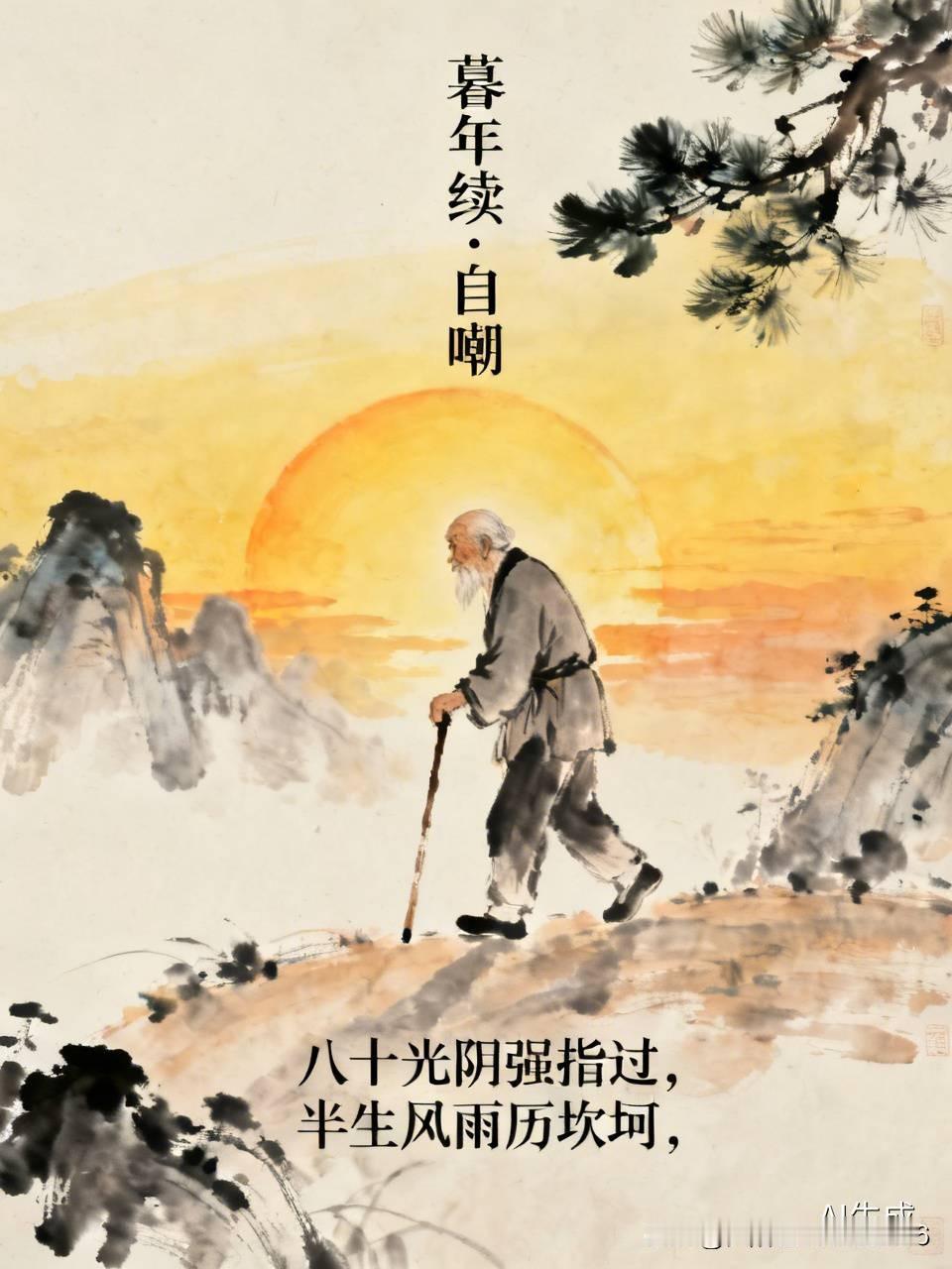 (暮年续)七律，《自嘲》
八十光阴强指过，
半生风雨历坎坷。
不求世上声名显，