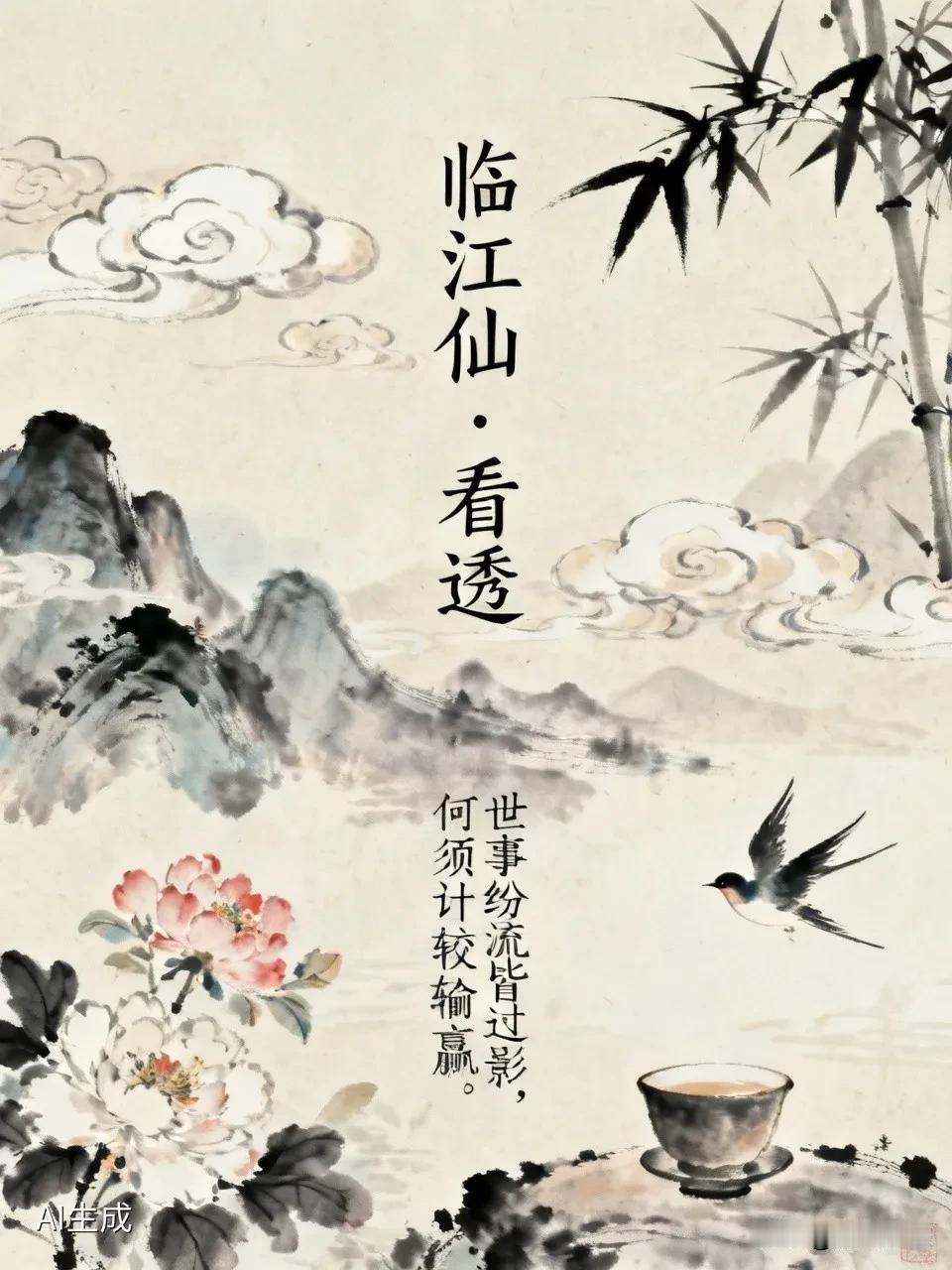 《临江仙·看透》
 
世路纷纭皆似梦，
浮名看淡如烟。
平生聚散自随缘。
繁华终