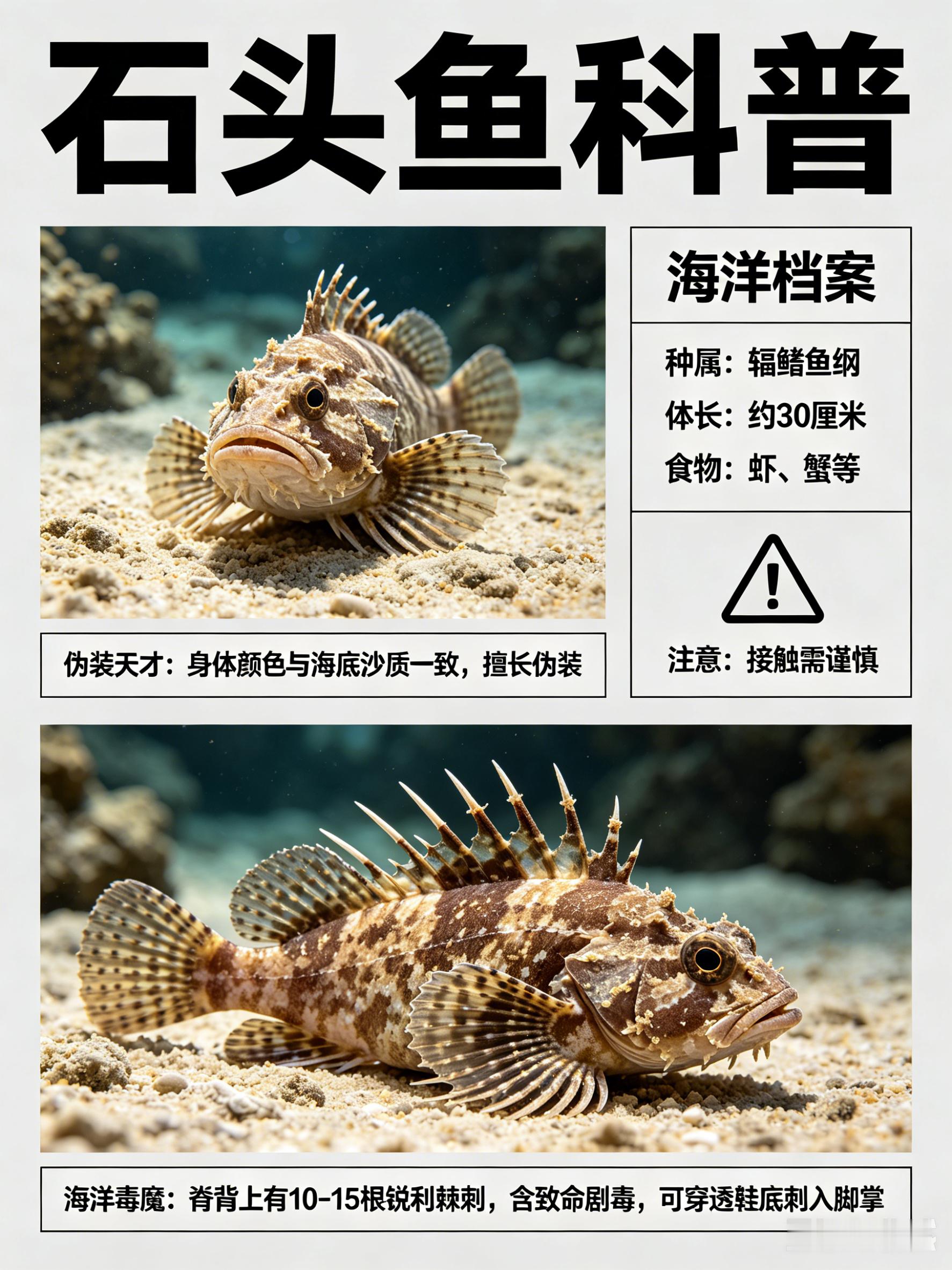 海洋朋友圈 石头鱼海洋档案种　属：辐鳍鱼纲体　长：约30厘米食　物：虾、蟹等石头
