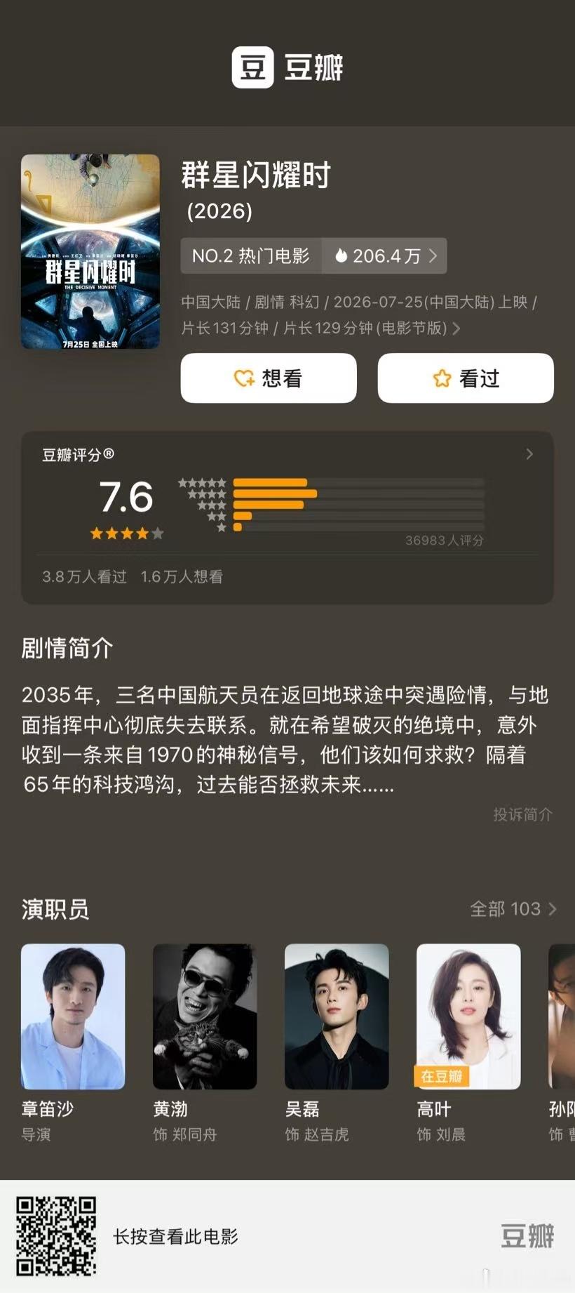 听听温特怎么说 《群星闪耀时》豆瓣开分7.6分还不错呀。 