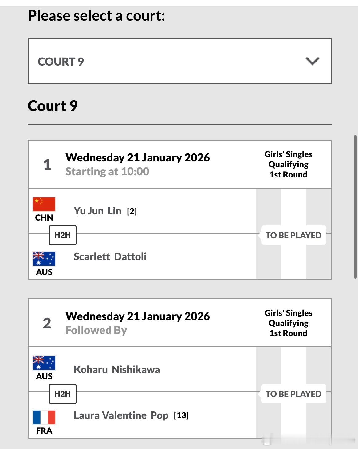 澳网2026 青少年女单资格赛签表：🇨🇳邓沛恩vs🇳🇿Das[12]🇨