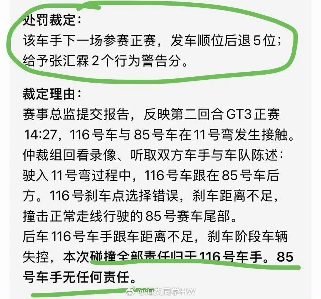 王一博赛车被撞调查结果处罚出来了85车组无责，116车组全责下一场比赛116车组