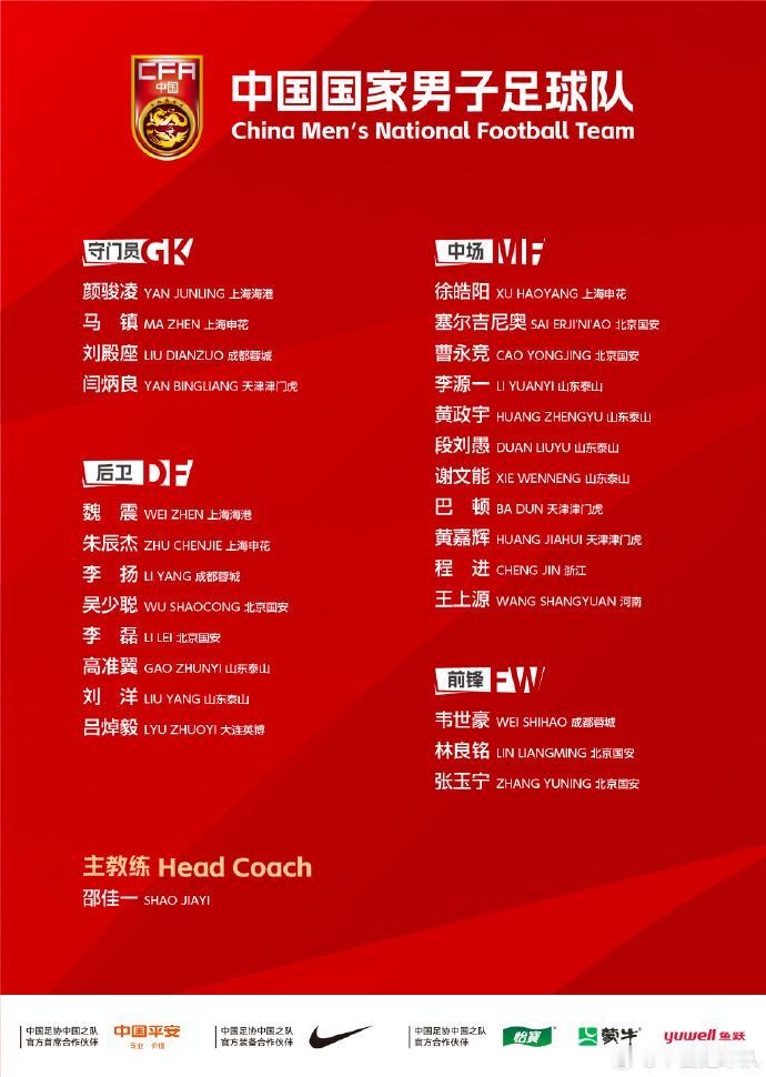 邵佳一执教国足第一期名单公布[灵光一闪]段刘愚、徐浩阳、刘殿座、韦世豪等入选[奋