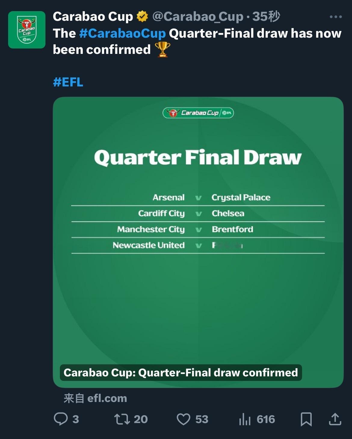 联赛杯第五轮抽签结果！阿森纳vs水晶宫卡迪夫城vs切尔西曼城VS布伦特福德纽卡斯