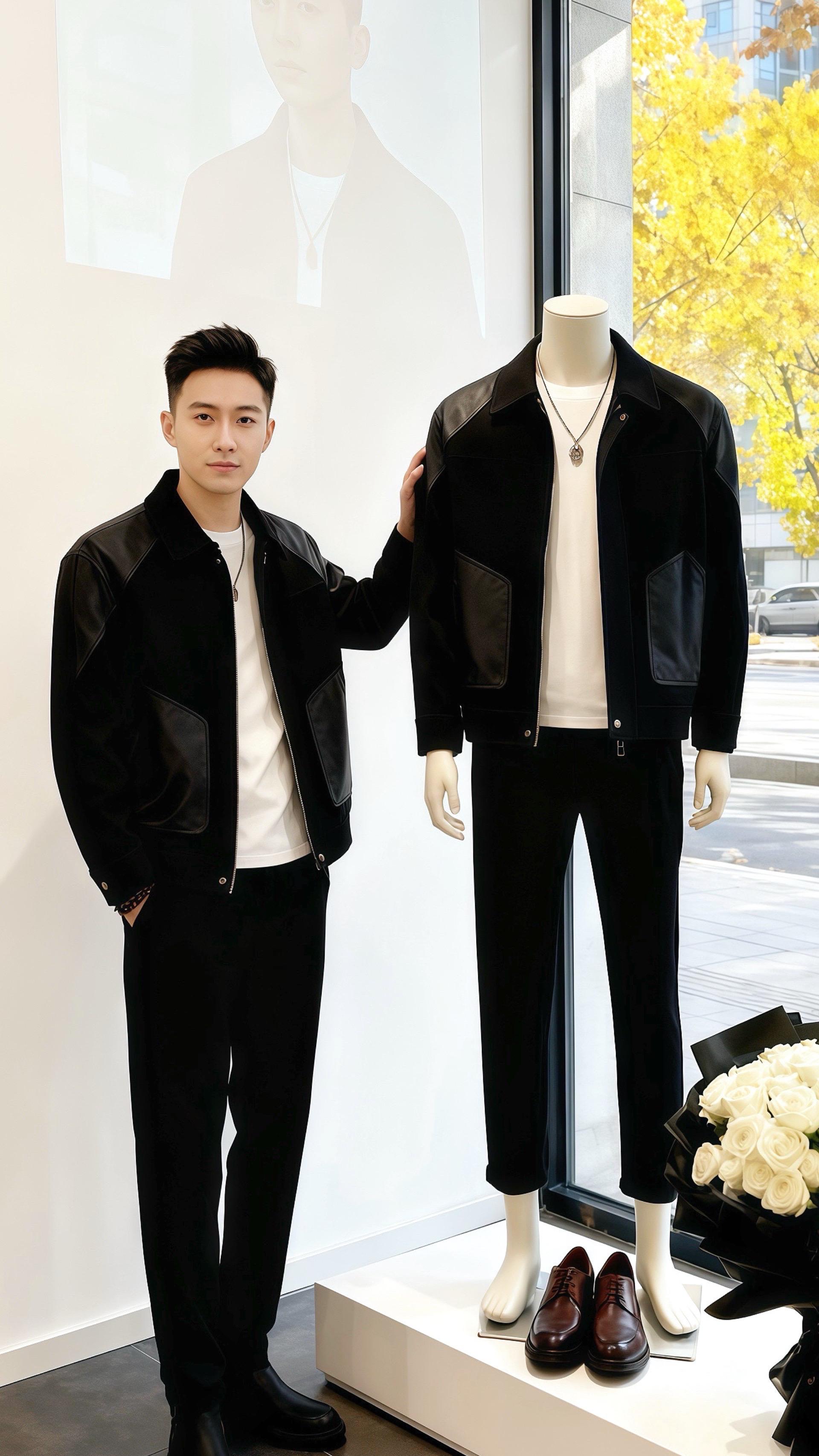 他穿的黑色拼接夹克很衬气质，皮质面料泛着柔润的光，和哑光布料衔接得恰好...
