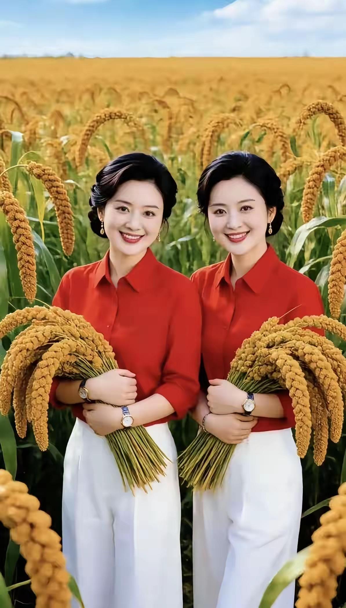 金秋十月到，
丰收吉瑞兆。
姐妹抱谷穗，
满脸挂着笑。
