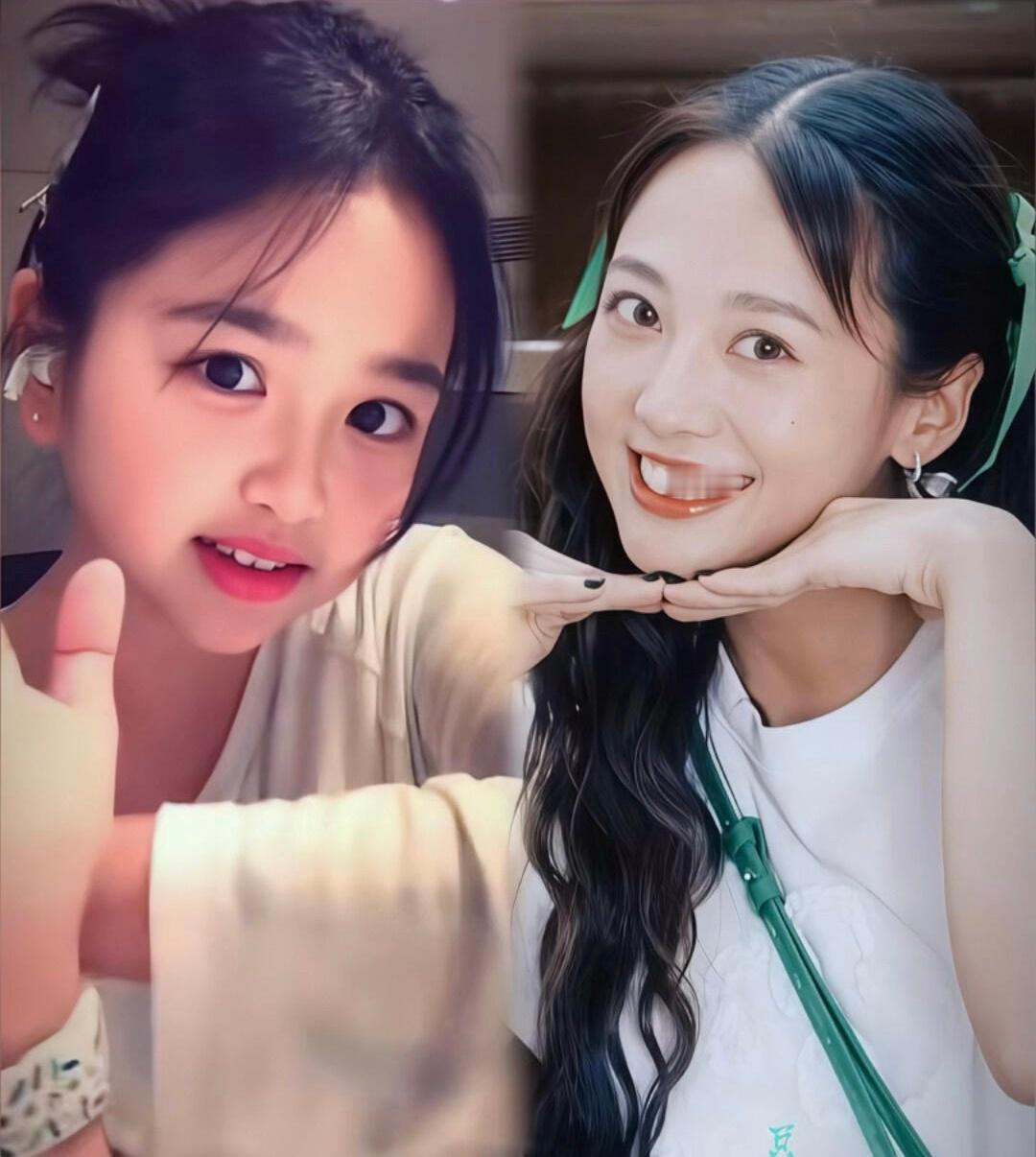 包贝尔10岁女儿饺子撞脸鬼鬼吴映洁，两个人看起来都是古灵精怪类型，笑起来又有婴儿