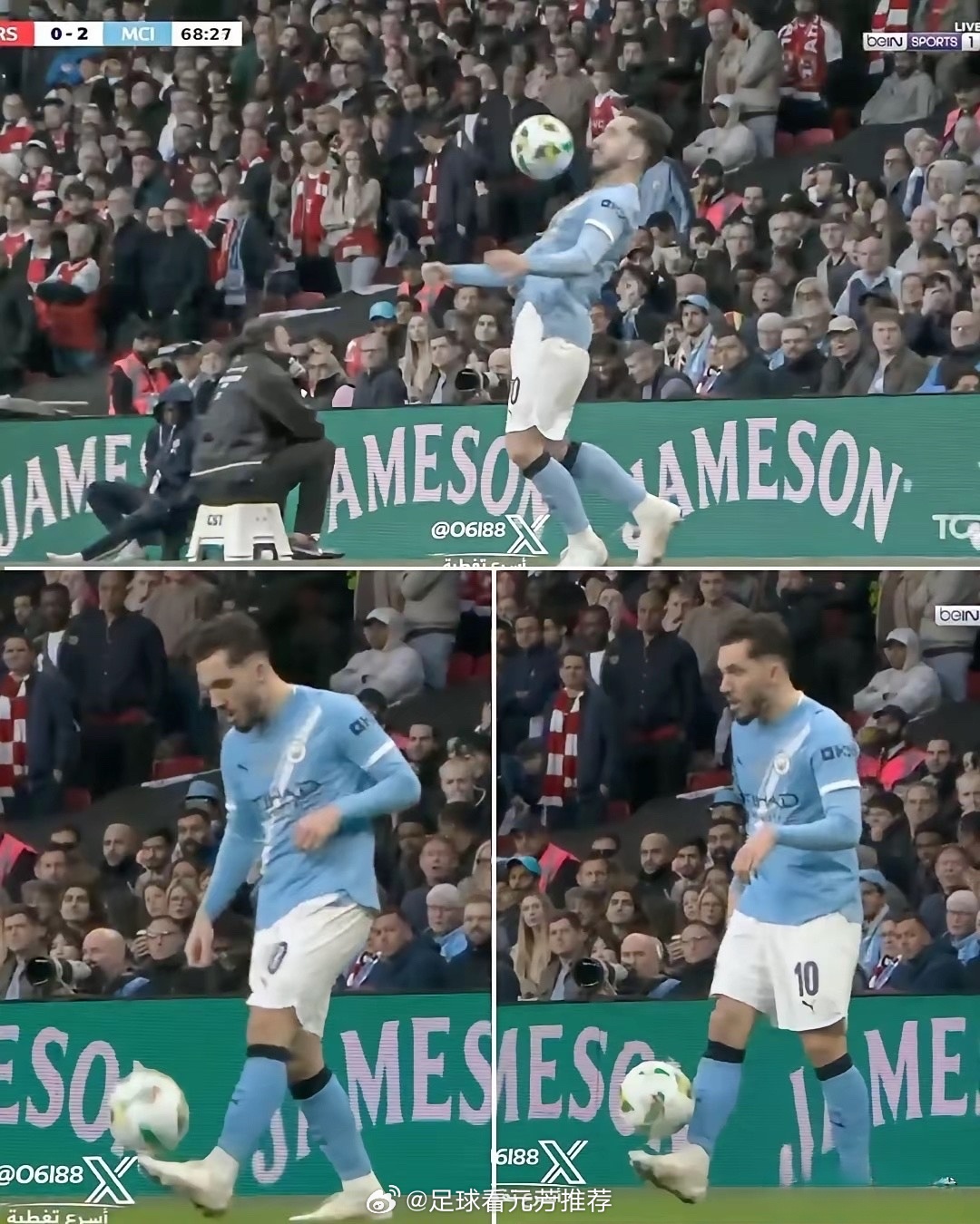 谢尔基场上“炫技”，瓜迪奥拉场边摇头，显然不认可。结果，他很快被本怀特“教训”。