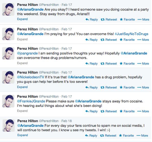 Perez Hilton 一直热衷于报道名人的生活，Ariana Grande 