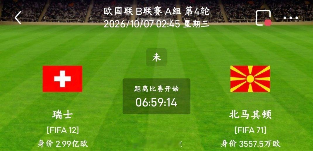 瑞士vs北马其顿009欧国联方向：主胜年龄：2:0 3:0 3:1进⚽数：2 3