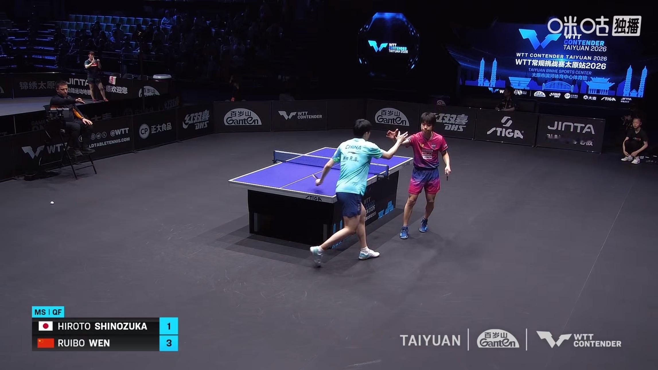 温瑞博3比1篠塚大登(4-11，11-6，11-2，11-4)晋级wtt常规挑战