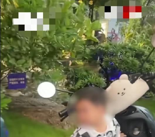 6月16日，广东佛山，一宝妈带着1岁的孩子骑自行车途经顺德渔村欢乐海岸门店时突遭