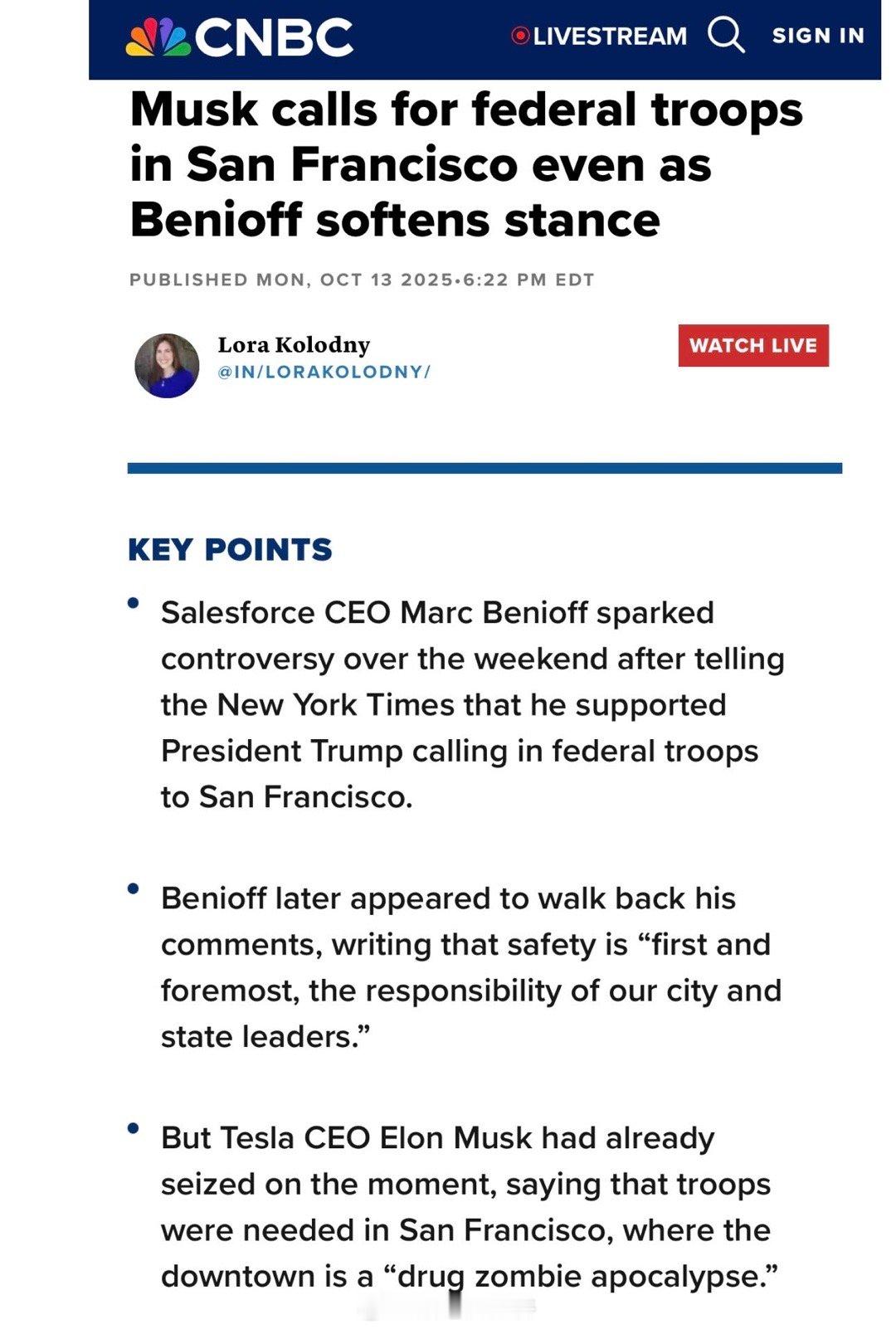 自Benioff之后，Musk也呼吁大统领发兵，出动军队驻守旧金山，让全副武装的