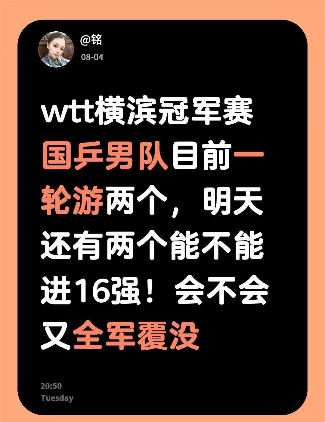 wtt横滨冠军赛国乒男队目前一轮游两个，明天还有两个能不能进16强！会不会又全军